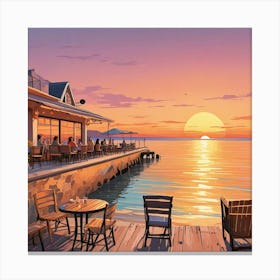 Sunset Outdoor Cafe Area At Beach Ocean Lake Art Print (1) Canvas Print