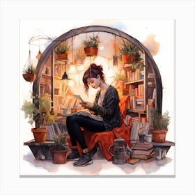 Girl In A Library With Plants Watercolour Canvas Print