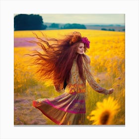 Beautiful Woman In A Field Of Sunflowers Canvas Print