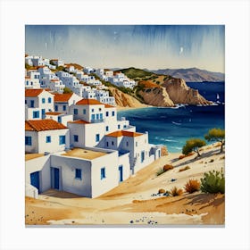 Aegean Village.Summer on a Greek island. Sea. Sand beach. White houses. Blue roofs. The beauty of the place. Watercolor. 1 Canvas Print