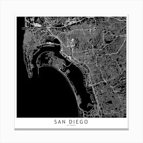 San Diego Black And White Map Square Canvas Print