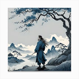 Chinese Landscape with Silhouette of Man Under a Tree, Blue-Gray Canvas Print