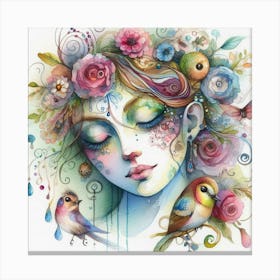 Girl With Flowers And Birds Canvas Print