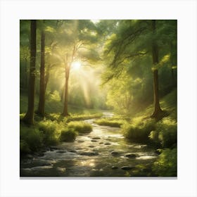 A captivating scene of a lush green forest with golden sunlight filtering through the trees. The leaves are gently swaying in the breeze, and a stream flows with sparkling water, reflecting the light. The atmosphere should be peaceful and serene 3 Canvas Print