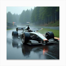 Futuristic Formula Car Navigating A Wet, Winding Track Under A Rainstorm 1 Canvas Print