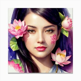 Chinese Girl With Lotus Flowers Canvas Print