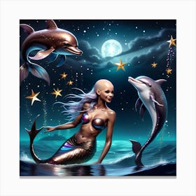 Mermaid With Dolphins Canvas Print