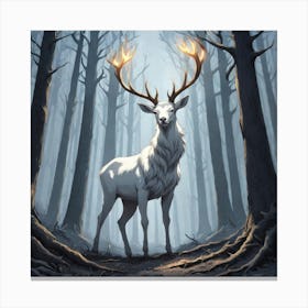 A White Stag In A Fog Forest In Minimalist Style Square Composition 11 Canvas Print