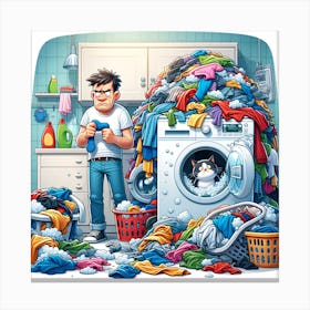 Cartoon Illustration Of A Man In A Laundry Room Canvas Print