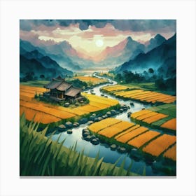 Beautiful views of rice fields, close to the river and surrounded by mountains, 2 Canvas Print