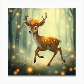 Playful Deer With A Crown Of Glowing Flowers Prancing In A Misty Forest Surrounded By Fireflies 1 Canvas Print