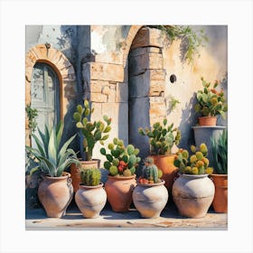Cactus Pots , Weathered Wall With Cracked Stone And Peeling Paint Canvas Print
