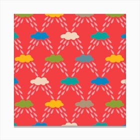 CLOUDBURST Outdoor Weather Rain Drops and Clouds in Bright Rainbow Multi-Colours on Red Canvas Print