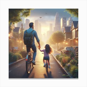 Father And Daughter Riding on Street Canvas Print