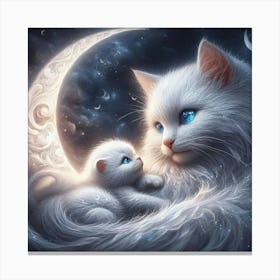 White Cat And Kitten On The Moon Canvas Print