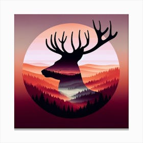 Title: "Twilight Sentinel: The Stag of Dusk"  Description: "Twilight Sentinel" features a striking stag silhouette set against a backdrop that captures the tranquil beauty of twilight over a forested landscape. The rich gradient of dusk colors from warm pinks to cool purples creates a captivating atmosphere, highlighting the majestic profile of the stag with its impressive antlers that frame a world of undulating hills and pines. This piece beautifully merges wildlife with the serenity of nature's daily spectacle, the sunset, suggesting a narrative of calmness and the sentinel-like presence of the stag as a guardian of the forest at nightfall. It's an ideal artwork for those who seek to bring the quiet allure of the wilderness into their space as the day gives way to the enchantment of the evening. Canvas Print
