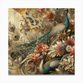 Peacocks And Flowers 8 Canvas Print