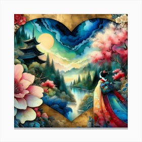 Geisha in Nature with Heart Shape Canvas Print