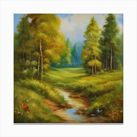 Stream In The Forest.Canada's forests. Dirt path. Spring flowers. Forest trees. Artwork. Oil on canvas. Canvas Print