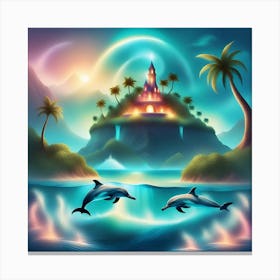 Dolphins In The Sea With A Castle Canvas Print