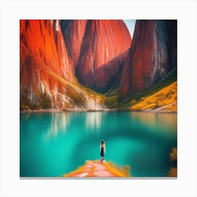 Woman Standing On The Edge Of A Lake Canvas Print