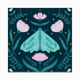 Moth and Flowers - turquoise and pink Canvas Print