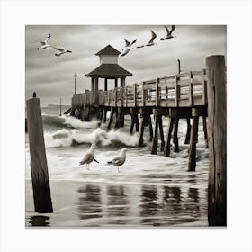 Seagulls On The Pier Canvas Print