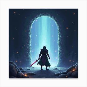 A Warrior With A Glowing Sword Standing Before A Portal 1 Canvas Print