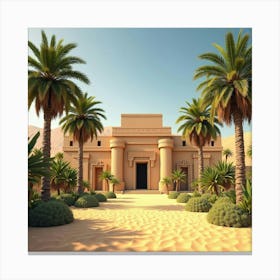 Ancient Egyptian Temple Surrounded By Lush Palm Trees And Golden Sand 1 Canvas Print