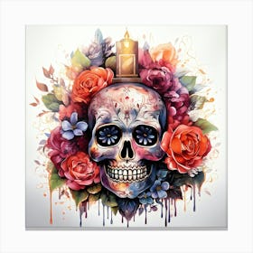 Sugar Skull With Flowers Canvas Print