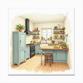 Classic Kitchen Watercolor, Refined Details, Warm Colors 1 Canvas Print