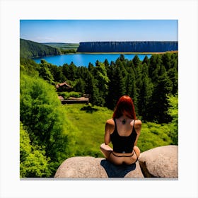 Woman Sits On A Rock Overlooking A Lake Canvas Print