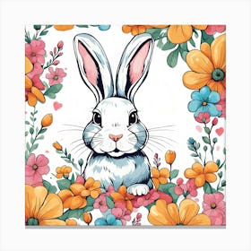 Rabbit Surrounded By Flowers Canvas Print