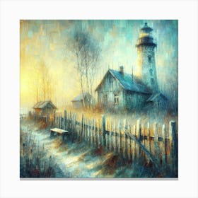 Serene Dawn: Old Lighthouse, Weathered Cottage, and Tranquil Scenes. Canvas Print