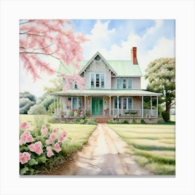 Watercolor Country Farm House Full Belcony With Shades Of Blush Pink Pale Blue And Mint Green Canvas Print