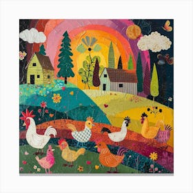Kitsch Chickens On The Farm Mixed Media Painting Canvas Print