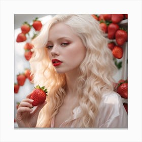 Albino woman eating strawberry, white and red Canvas Print