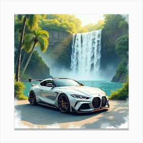 Stylish Car By A Tranquil Waterfall, Watercolor Painting 1 Canvas Print