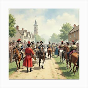 An English Historical Reenactment With People Dressed In Period Costumes, Watercolor 1 Canvas Print