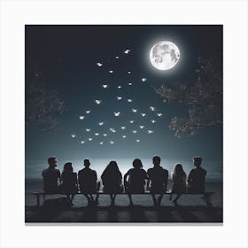 People Watching The Moon.A group of people sitting under the moonlight looking at flying lights Canvas Print