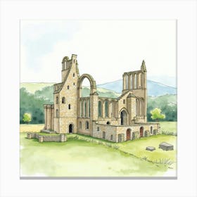 Watercolor Scene Of The Bolton Abbey In Yorkshire, Highlighting Its Picturesque Ruins And Tranquil Landscape Canvas Print