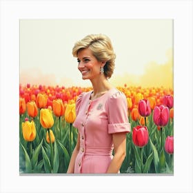 Smiling Princess Diana Standing In A Colorful Watercolor Garden Of Tulips 1 Canvas Print