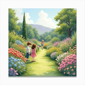 A Charming English Flower Garden With Visitors Admiring The Blooms, Watercolor 1 Canvas Print