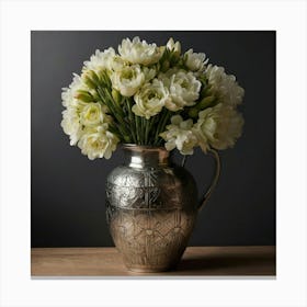 White Carnations In A Silver Vase Canvas Print