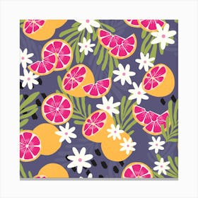 Grapefruit Pattern On Purple With Floral Decoration Square Canvas Print