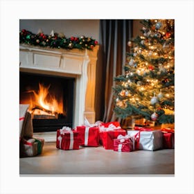 Christmas Presents In Front Of Fireplace 7 Canvas Print