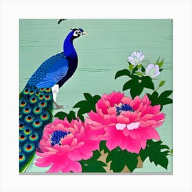 Peacock And Peonies, Japanese Art 1 Canvas Print