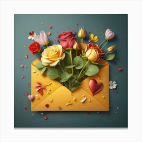 An open red and yellow letter envelope with flowers inside and little hearts outside 12 Canvas Print
