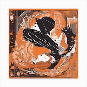 A Silhouette Of A Man Wearing A Black Hat And Laying On Her Back On A Orange Screen, In The Style Of (4) Canvas Print