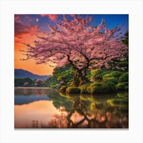 Japanese Sakura In Lake 1 Canvas Print